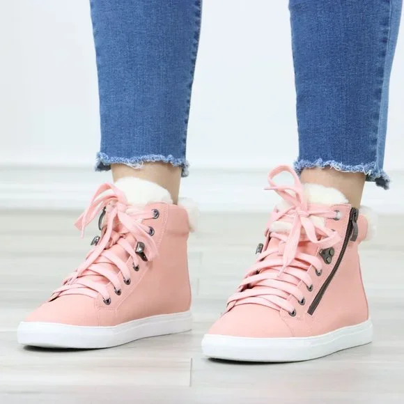 Pink Fashion High Tops Sneakers Shoes Fuzzy Ankle - Picture 11 of 11